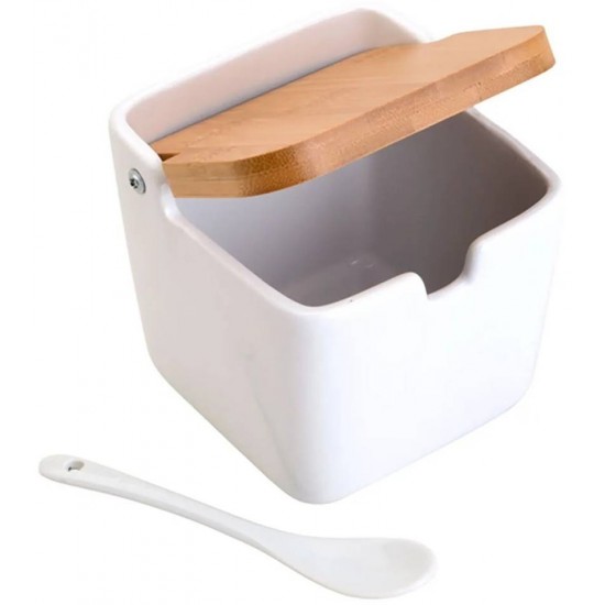 Saleiro 11x10x11cm De Mesa De Cerâmica C/Tampa De Bambu E Colher Bianco